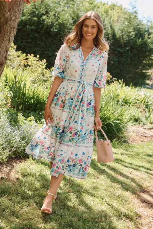 Pambula Maxi Dress In White With Pink And Blue Floral sold by St Frock