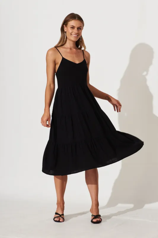 Utopia Midi Sundress In Black Linen Blend sold by St Frock