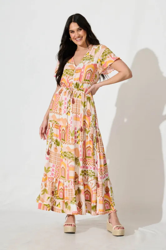 Lyra Maxi Dress in Blush with Multi Print sold by St Frock