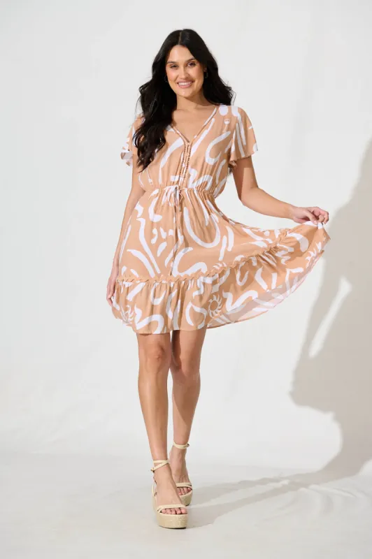 Tully Dress in Beige With White Print Ric Rac Trim sold by St Frock