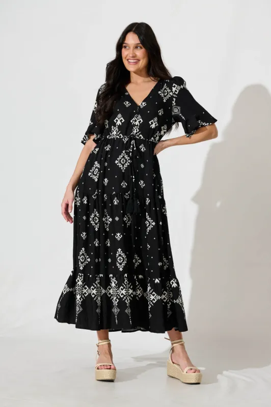 Valya Maxi Dress In Black with Cream Print Blend sold by St Frock