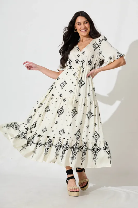 Valya Maxi Dress In Cream with Black Print Linen Blend sold by St Frock