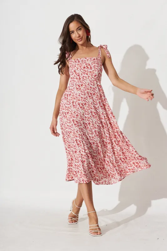 Yelina Midi Dress In White With Red Floral sold by St Frock
