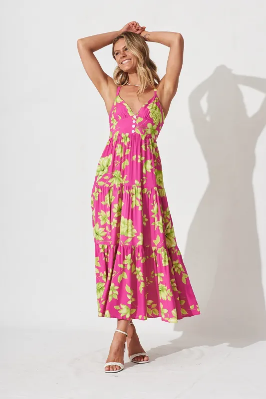 Delanie Maxi Dress In Pink With Green Floral sold by St Frock