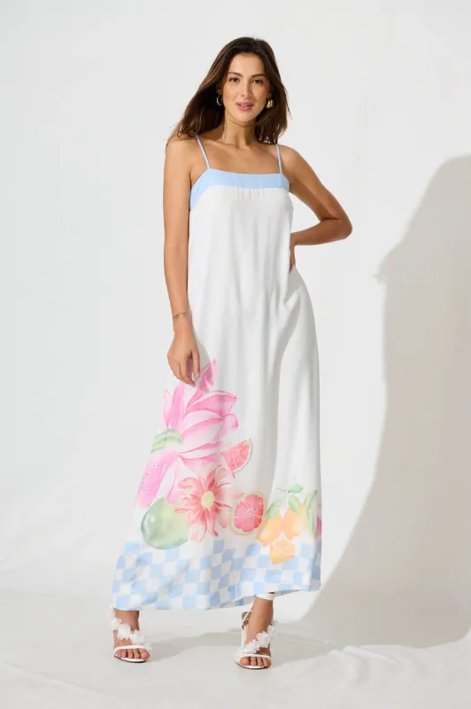 Vandalia Maxi Sundress In White With Multi Linen Blend sold by St Frock