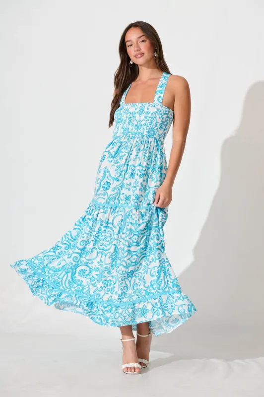 Emani Maxi Dress in Blue Print sold by St Frock