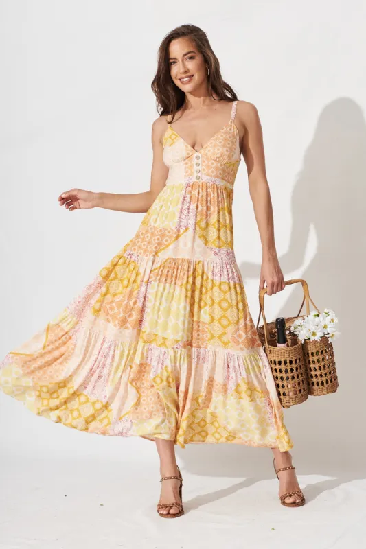 Delanie Maxi Dress In Orange With Yellow Multi sold by St Frock