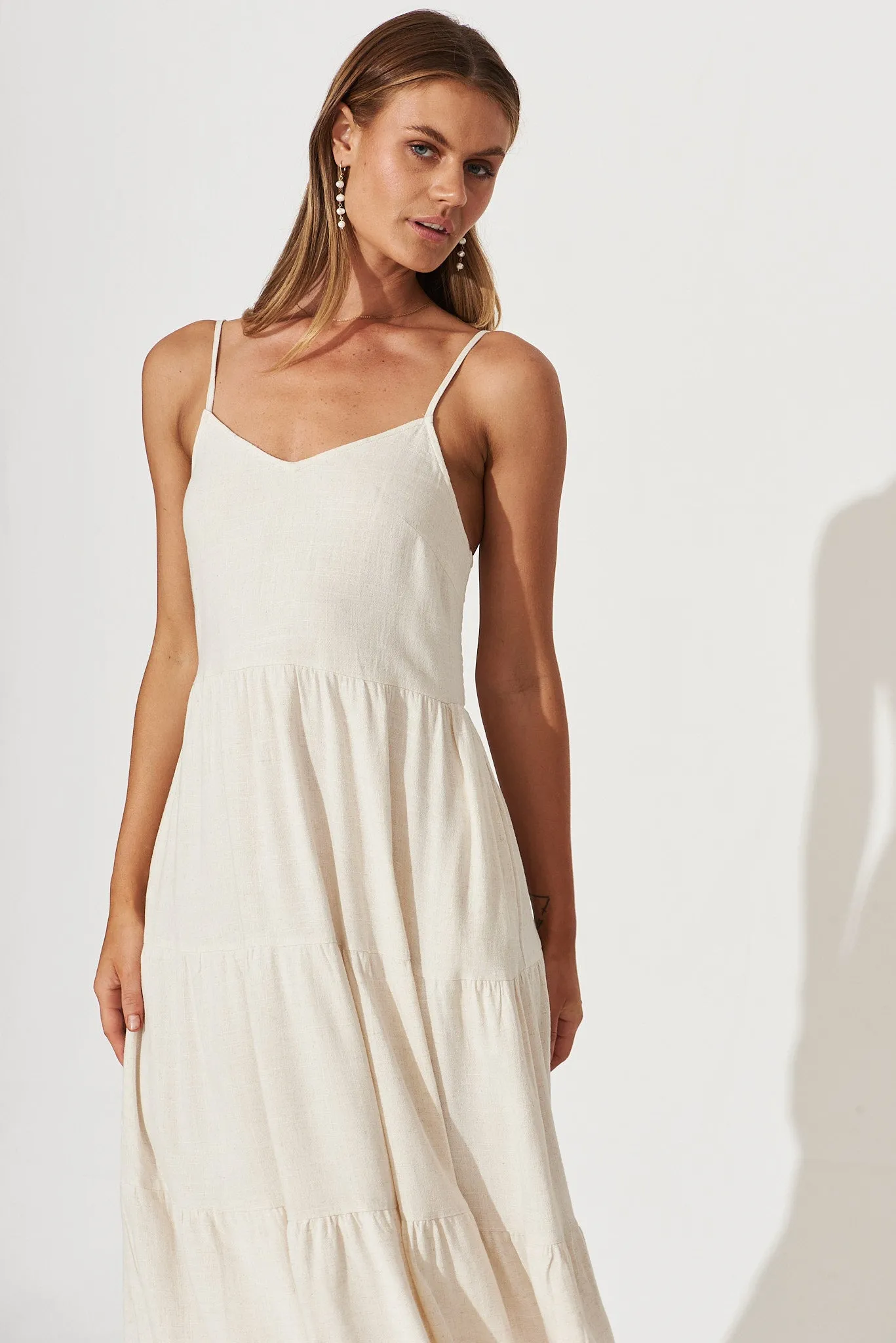 Utopia Midi Sundress In Oatmeal Linen Blend sold by St Frock product image thumbnail 2