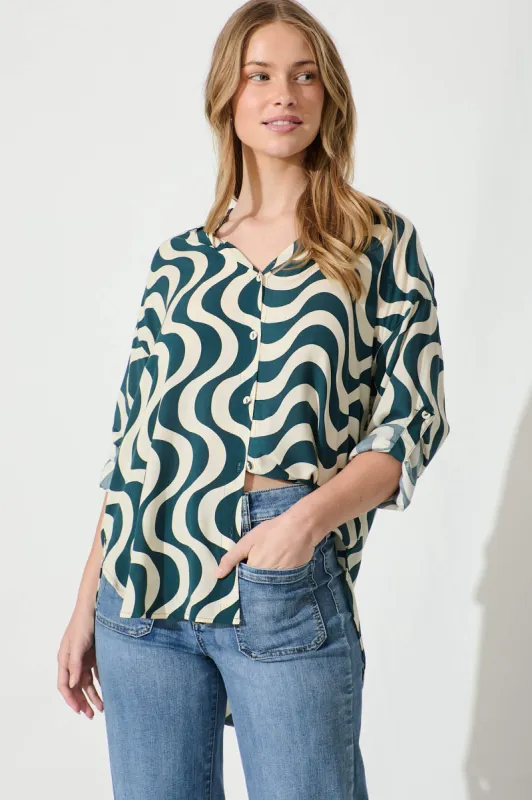 Carin Shirt in Emerald and Cream Swirl Print sold by St Frock