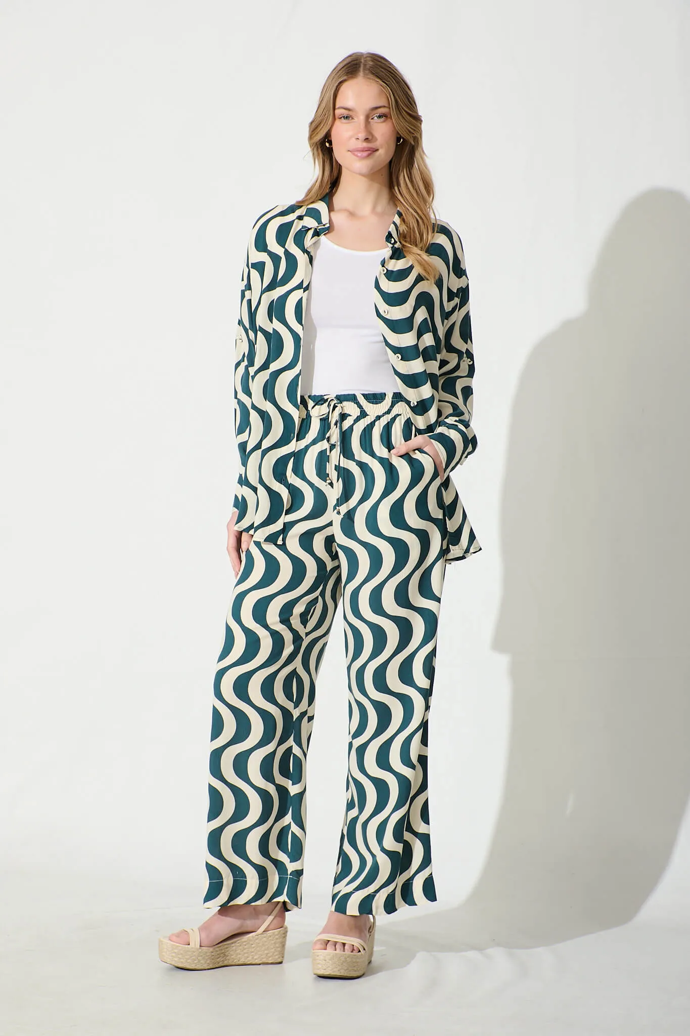 Anjeanette Wide Leg Pant in Emerald and Cream Swirl Print sold by St Frock product image thumbnail 5
