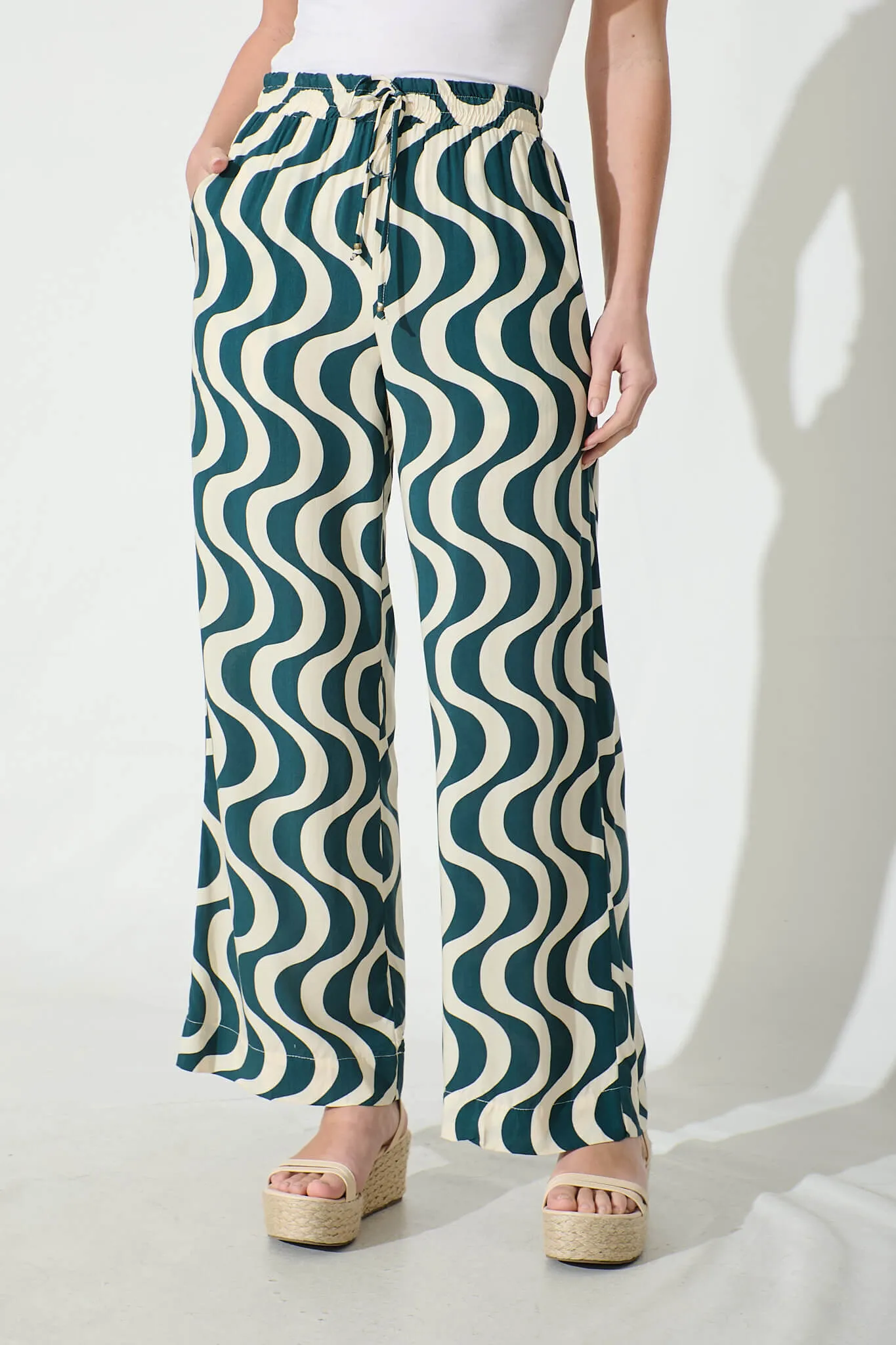 Anjeanette Wide Leg Pant in Emerald and Cream Swirl Print sold by St Frock