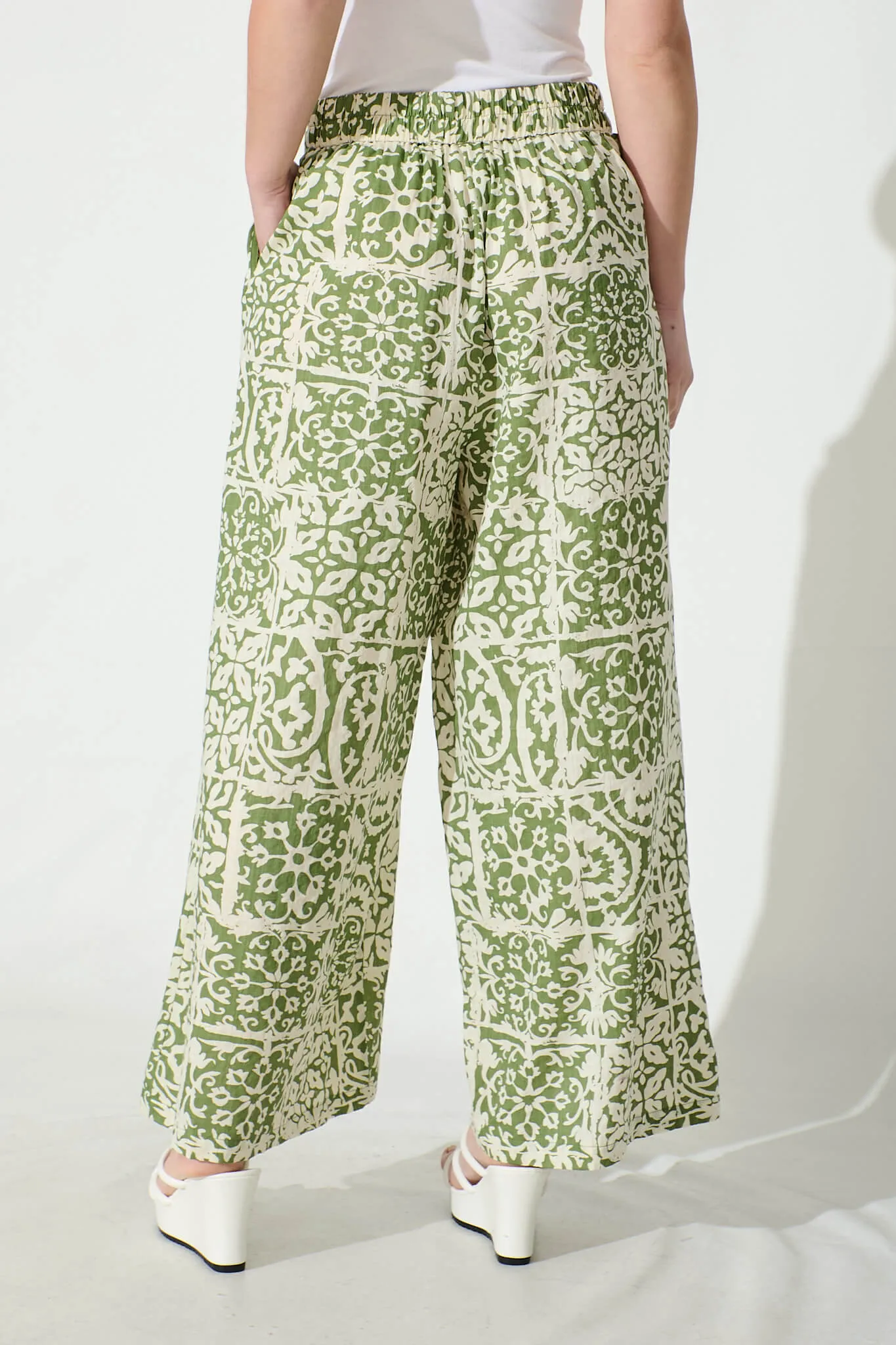 Jeanette Wide leg Pant in Khaki and Cream Tile Cotton Blend sold by St Frock product image thumbnail 3