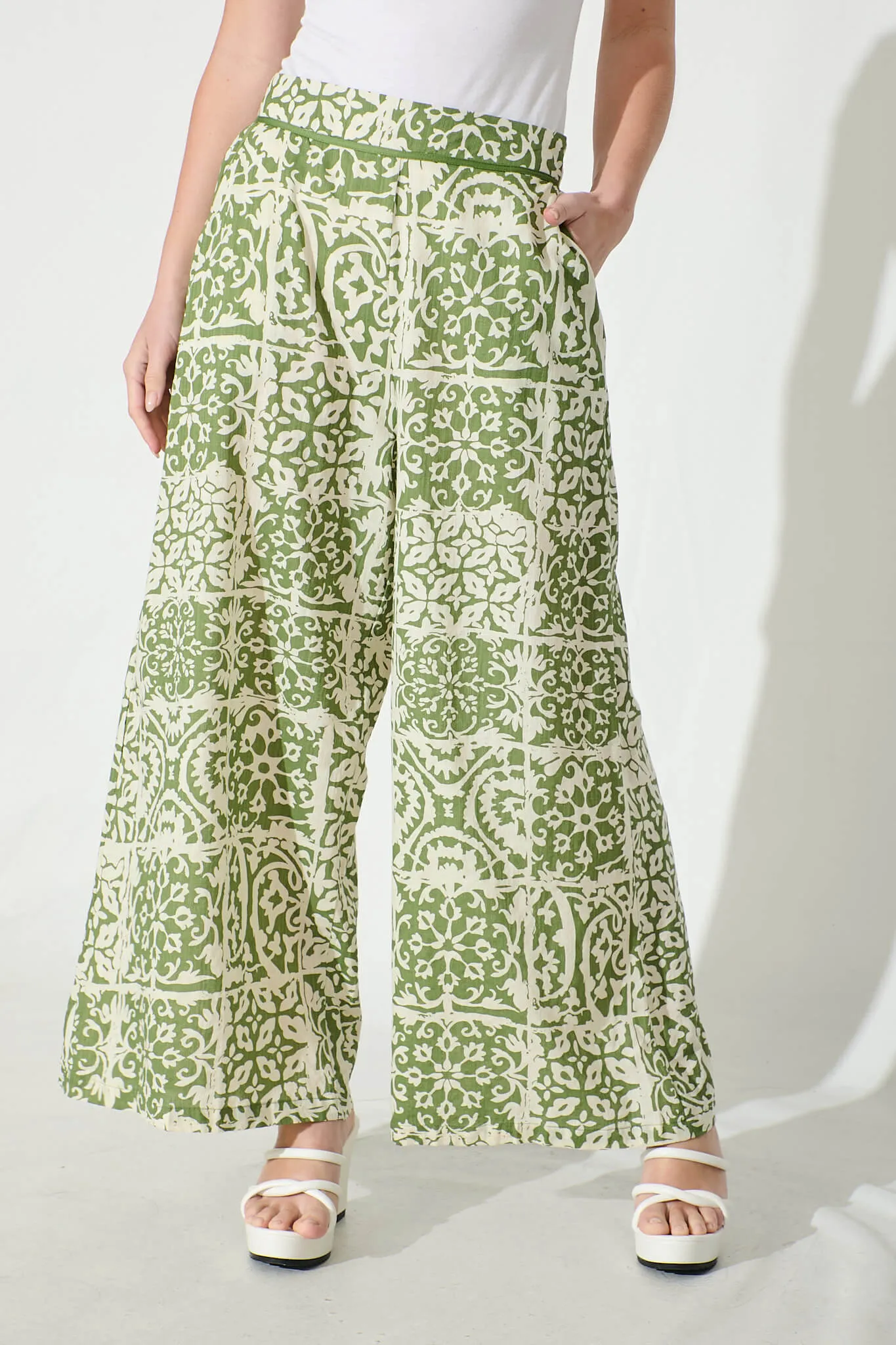 Jeanette Wide leg Pant in Khaki and Cream Tile Cotton Blend sold by St Frock