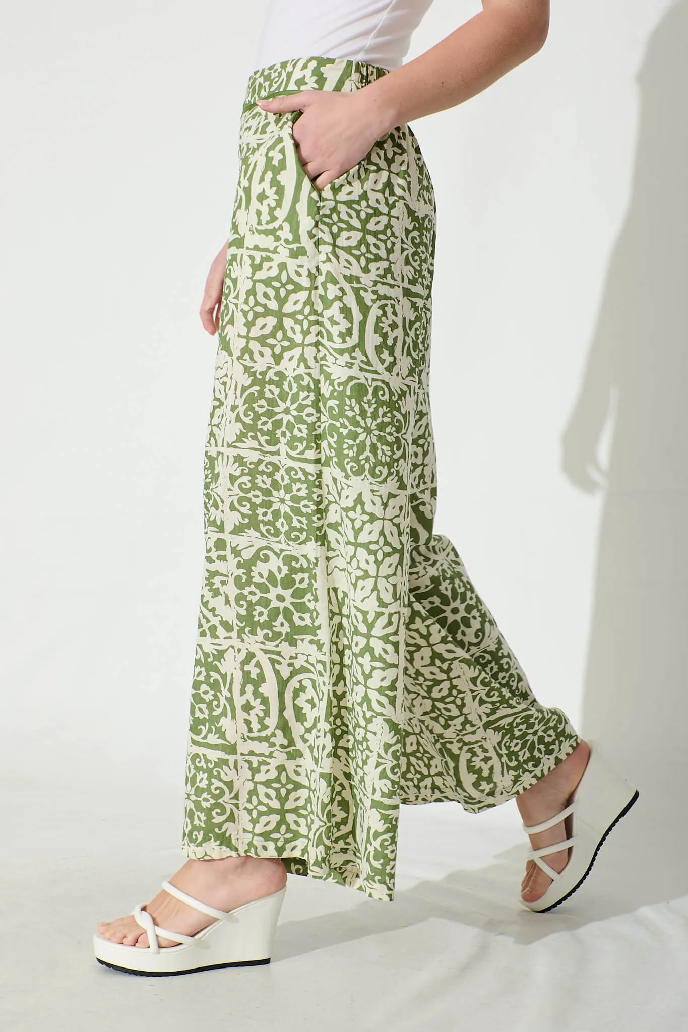 Jeanette Wide leg Pant in Khaki and Cream Tile Cotton Blend sold by St Frock product image thumbnail 2