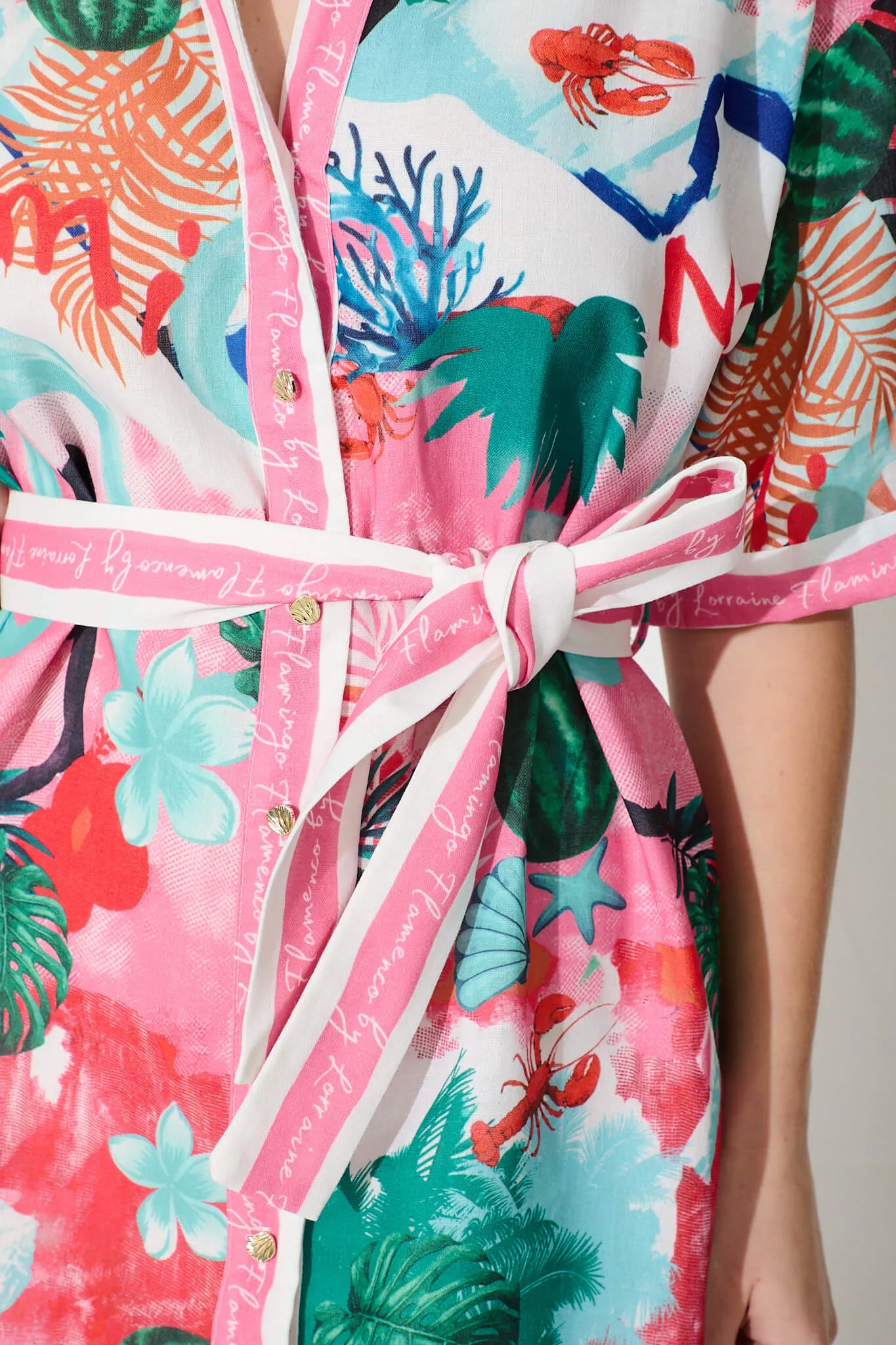 Vivienne Shirt Dress In Pink Multi Tropical Linen Blend sold by St Frock product image thumbnail 5