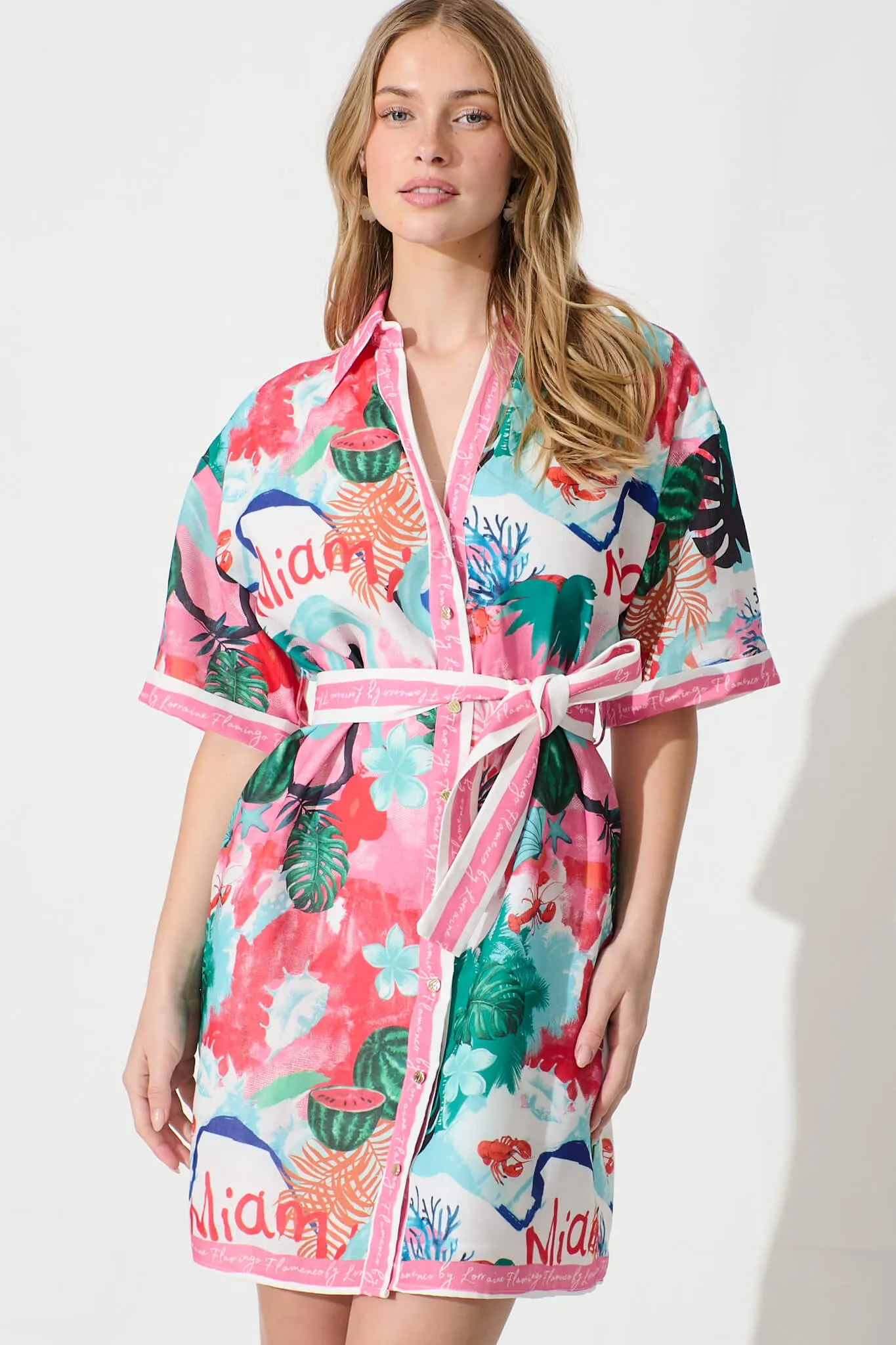 Vivienne Shirt Dress In Pink Multi Tropical Linen Blend sold by St Frock product image thumbnail 2