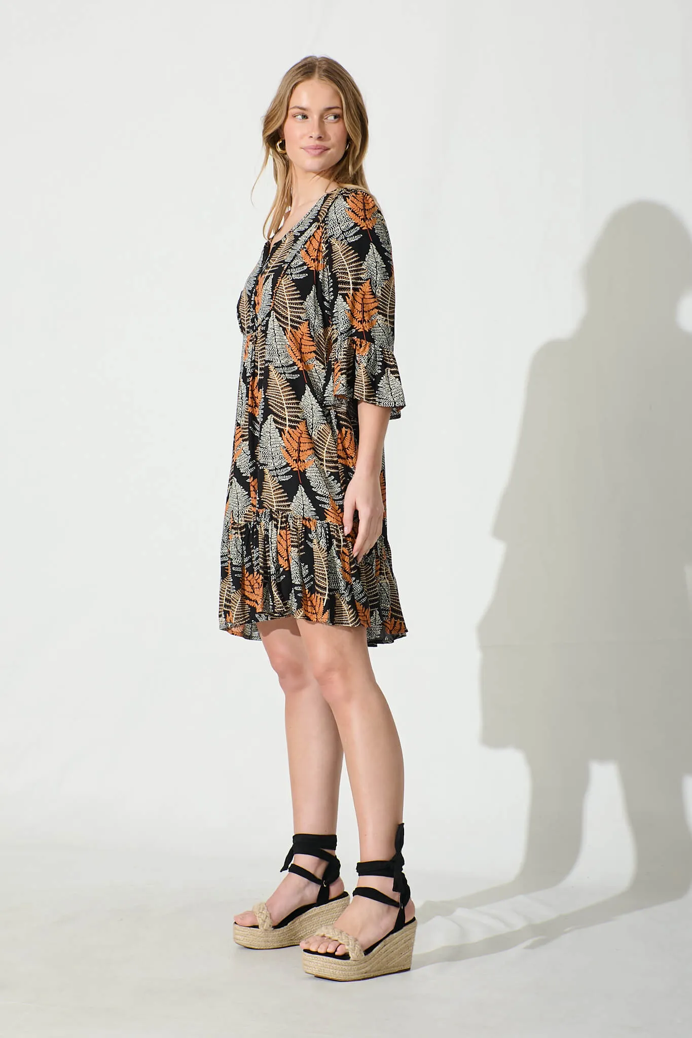 Mara Smock Dress in Black with Multi Leaf Print sold by St Frock product image thumbnail 3