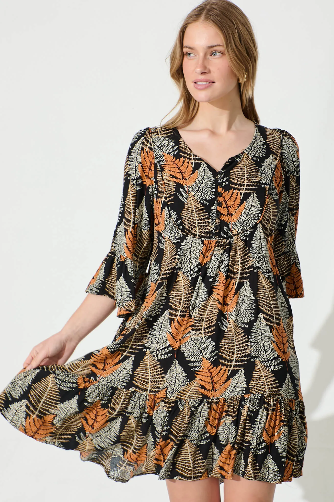 Mara Smock Dress in Black with Multi Leaf Print sold by St Frock product image thumbnail 2