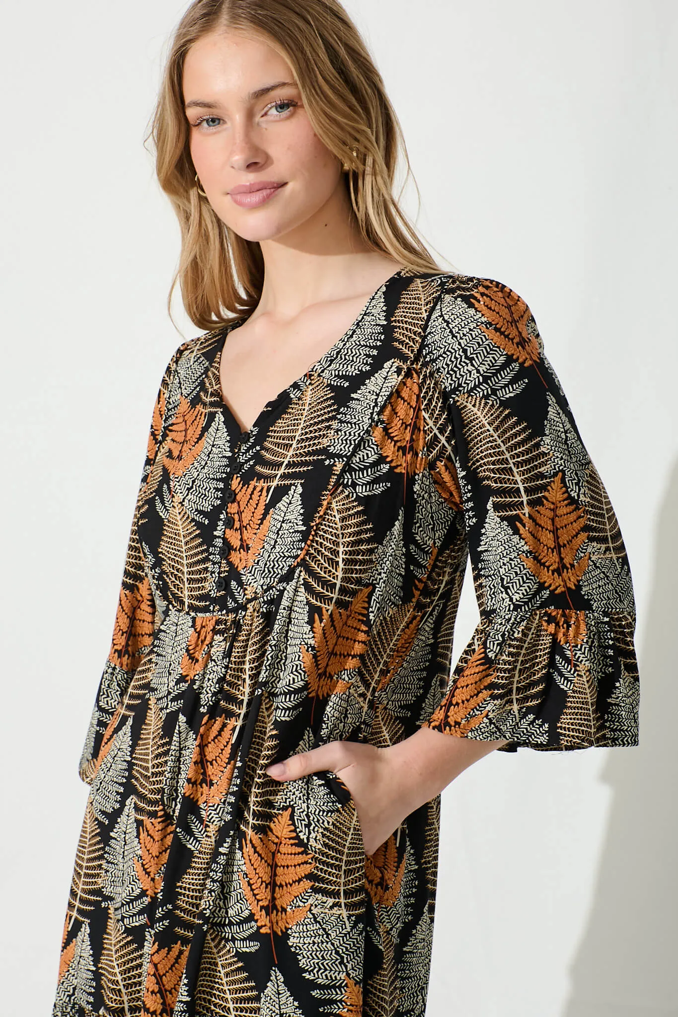 Mara Smock Dress in Black with Multi Leaf Print sold by St Frock product image thumbnail 5