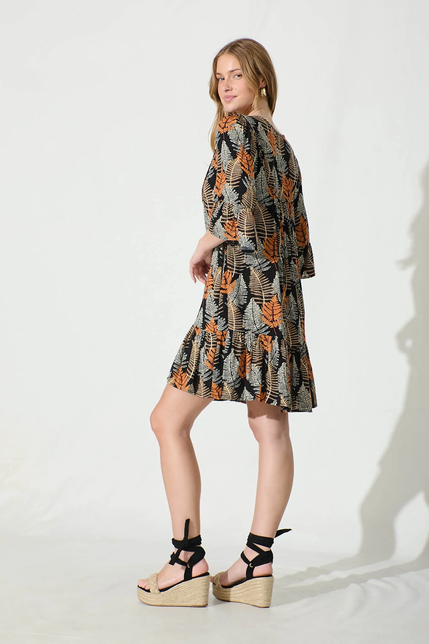 Mara Smock Dress in Black with Multi Leaf Print sold by St Frock product image thumbnail 4