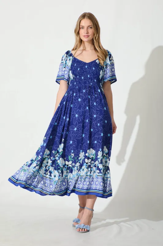 Carmella Maxi Dress in Blue Border Print sold by St Frock