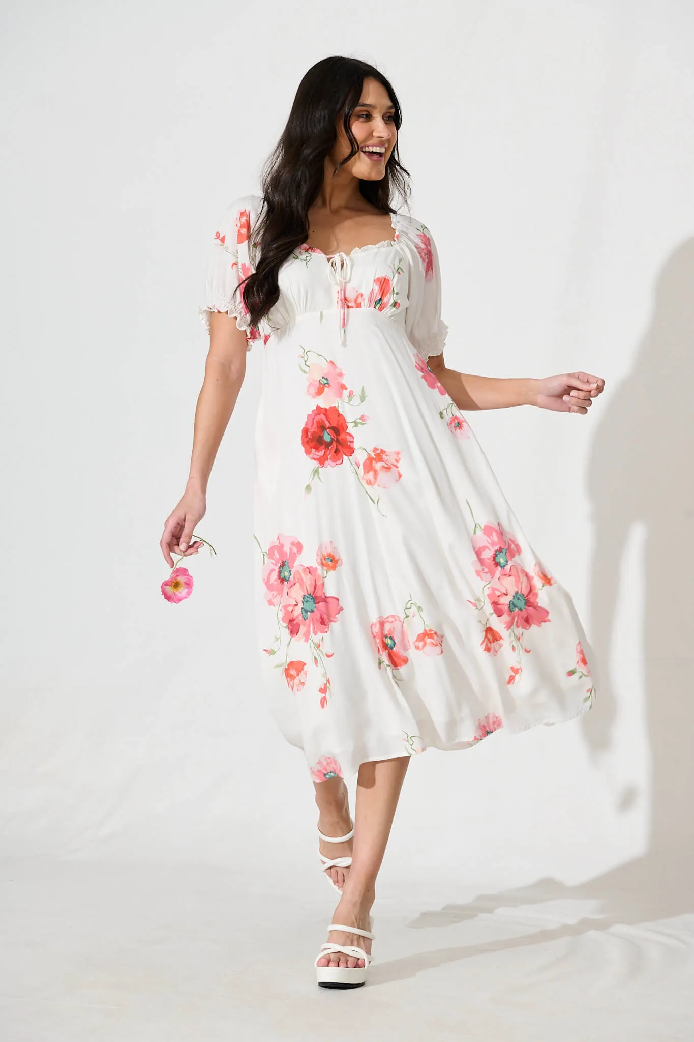 Doncia Midi Dress in White with Multi Red Floral sold by St Frock product image thumbnail 5
