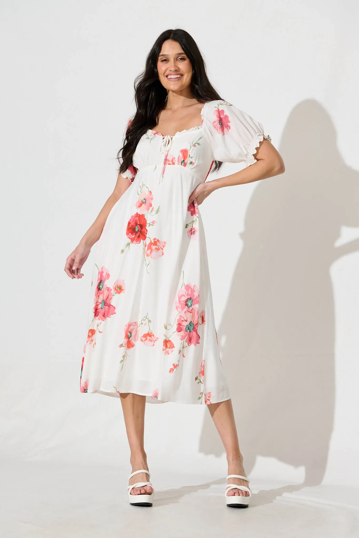 Doncia Midi Dress in White with Multi Red Floral sold by St Frock