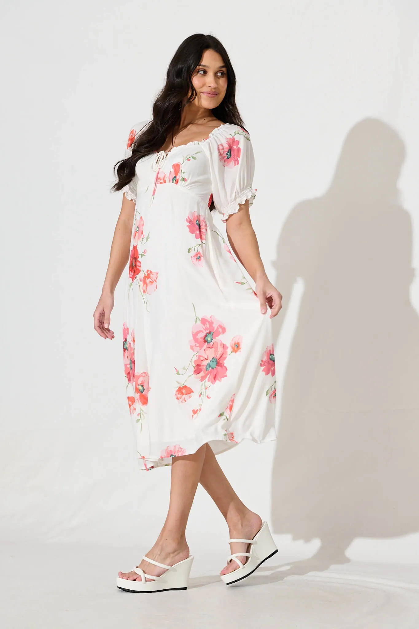 Doncia Midi Dress in White with Multi Red Floral sold by St Frock product image thumbnail 3