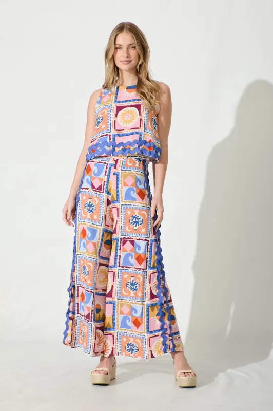 Sandbar Jumpsuit in Multi with Blue Ric Rac Trim sold by St Frock