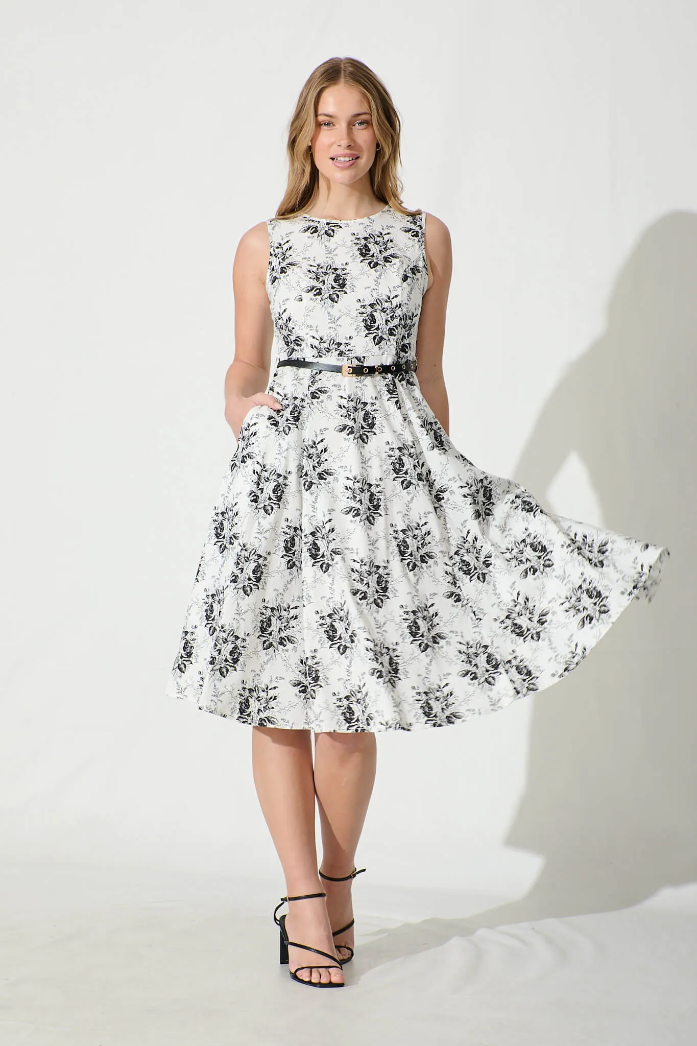 Jarmila Dress with Belt in White Black Floral Cotton Blend sold by St Frock