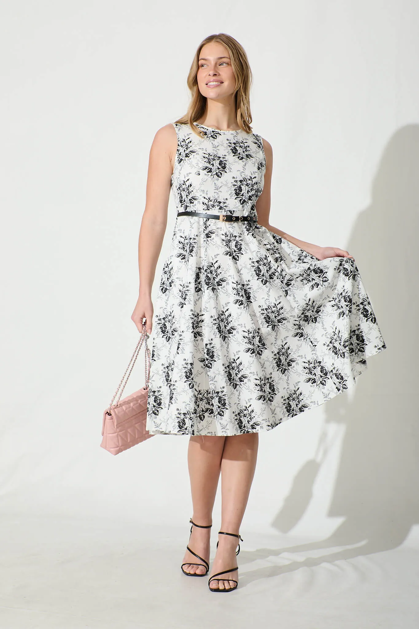 Jarmila Dress with Belt in White Black Floral Cotton Blend sold by St Frock product image thumbnail 5