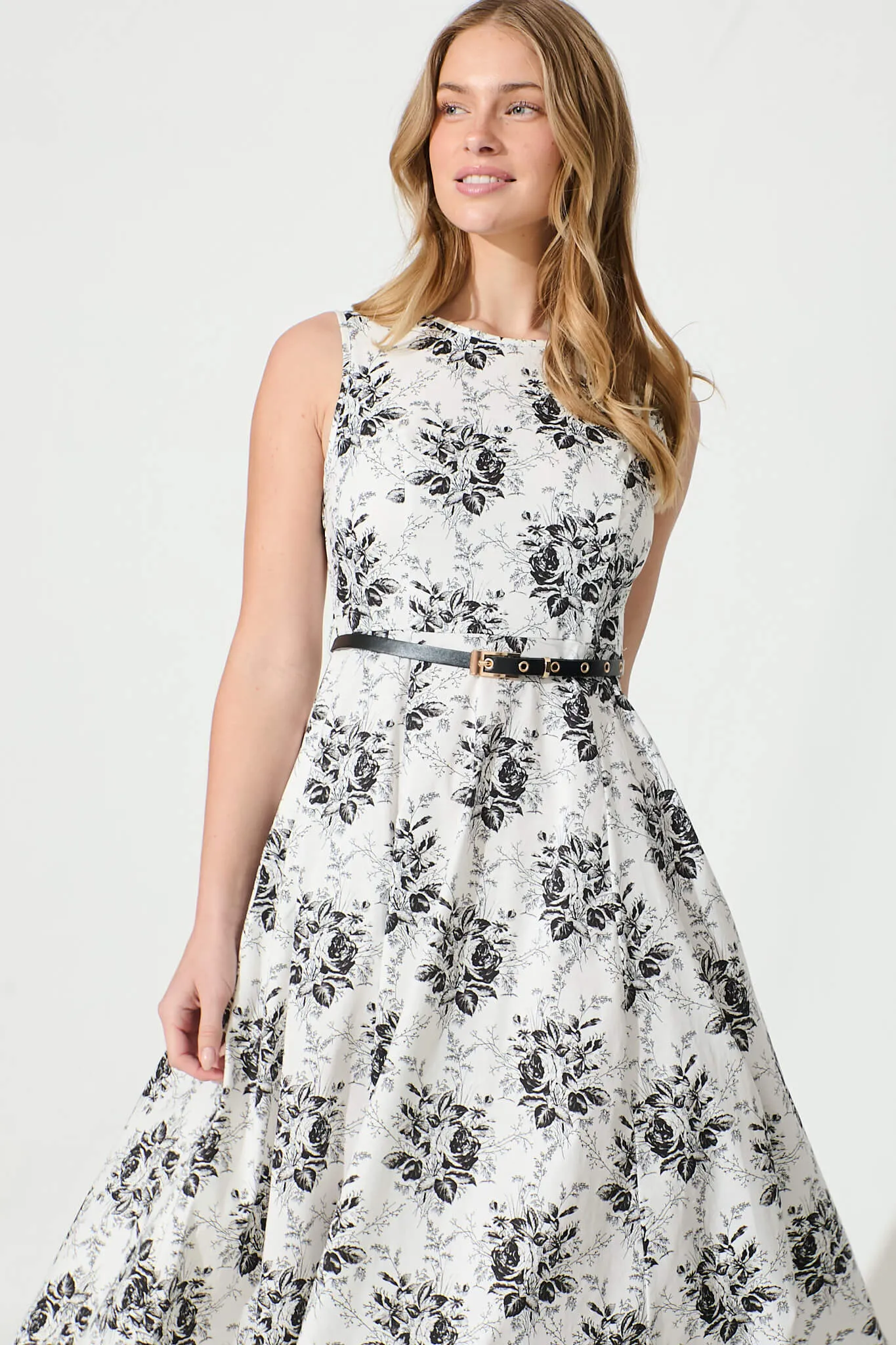 Jarmila Dress with Belt in White Black Floral Cotton Blend sold by St Frock product image thumbnail 2