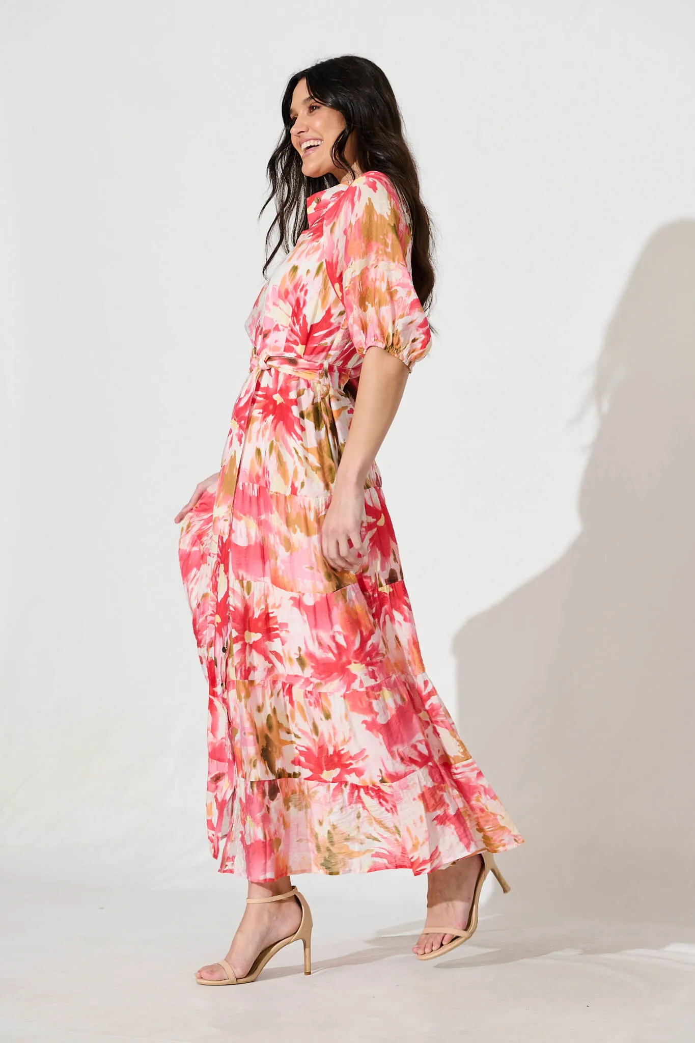 Buon Giorno Maxi Shirt Dress in Red with Multi Floral Print sold by St Frock product image thumbnail 3