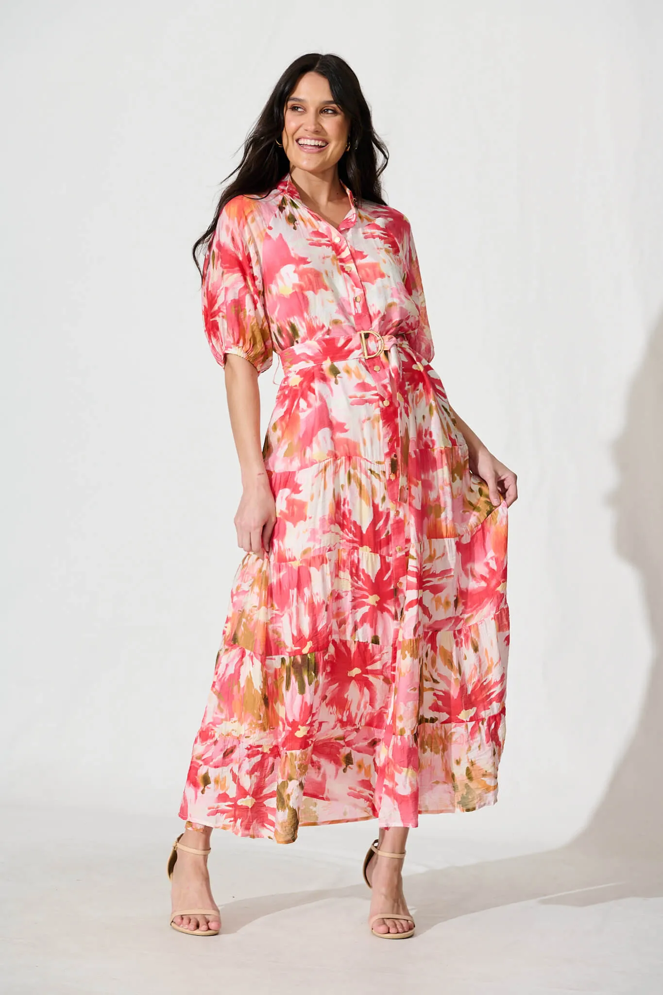 Buon Giorno Maxi Shirt Dress in Red with Multi Floral Print sold by St Frock