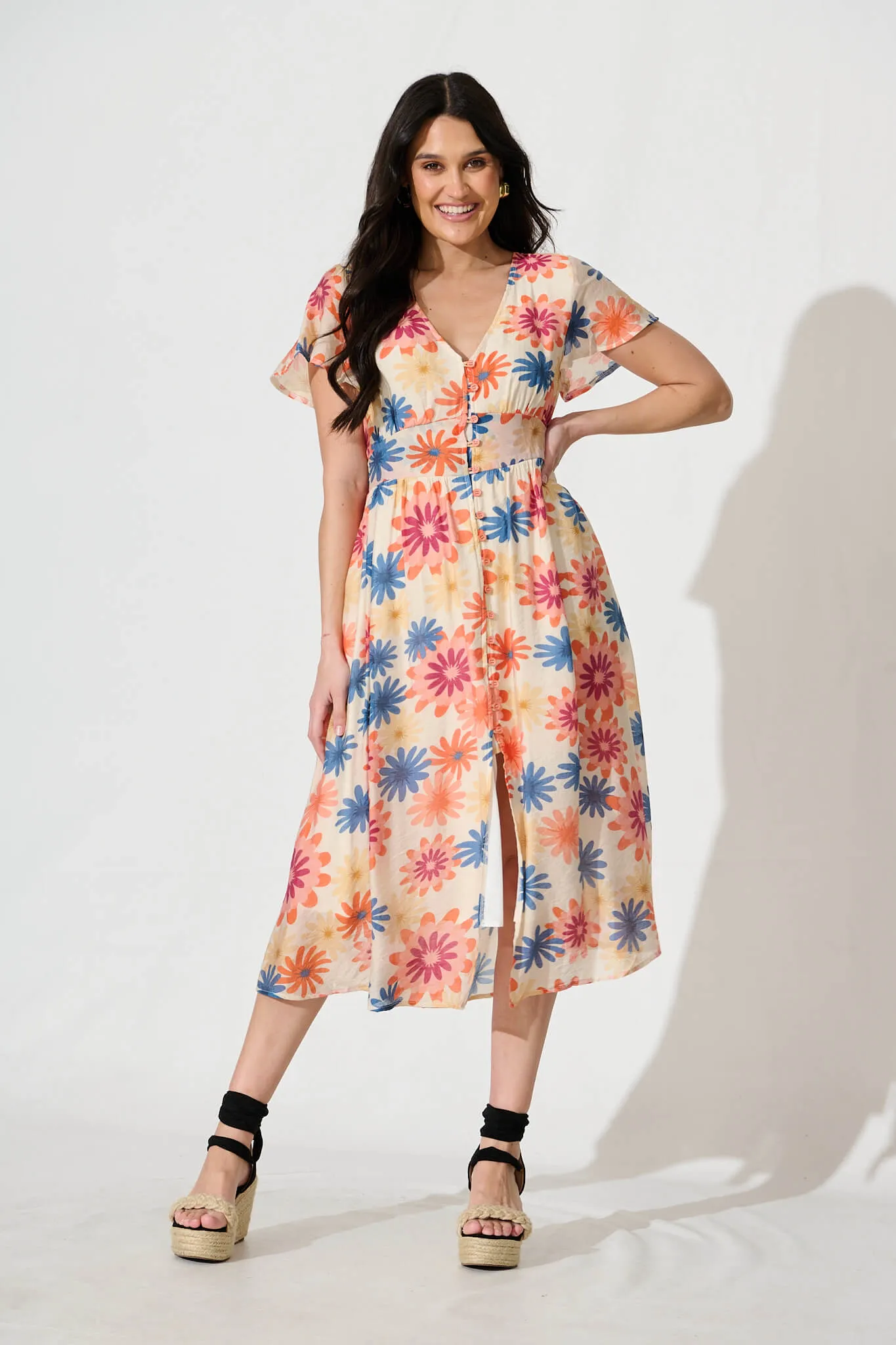 Jocely Midi Dress In Cream with Tangerine Floral sold by St Frock
