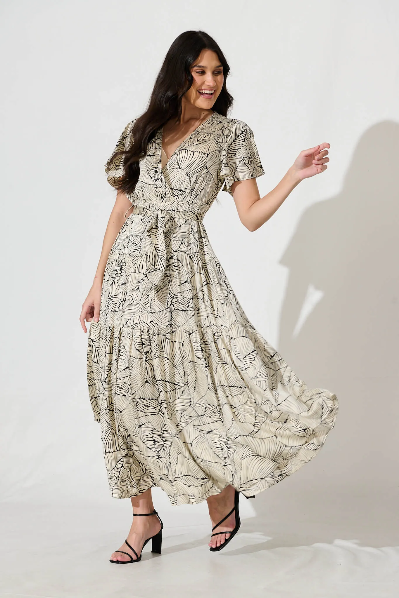 Heidi Maxi Dress in Cream with Black Leaf Satin sold by St Frock product image thumbnail 3