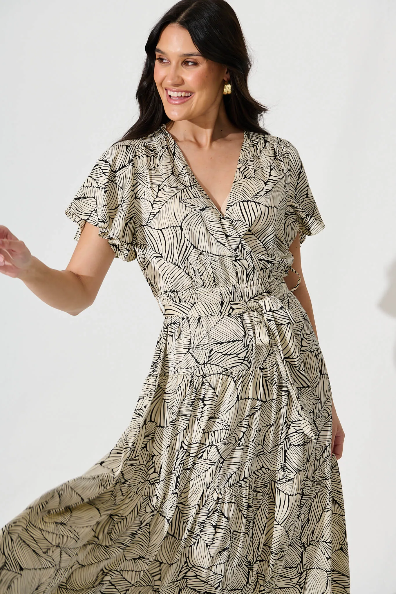 Heidi Maxi Dress in Cream with Black Leaf Satin sold by St Frock product image thumbnail 2