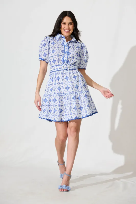 Sariah Dress in White with Blue Tile Linen Blend sold by St Frock