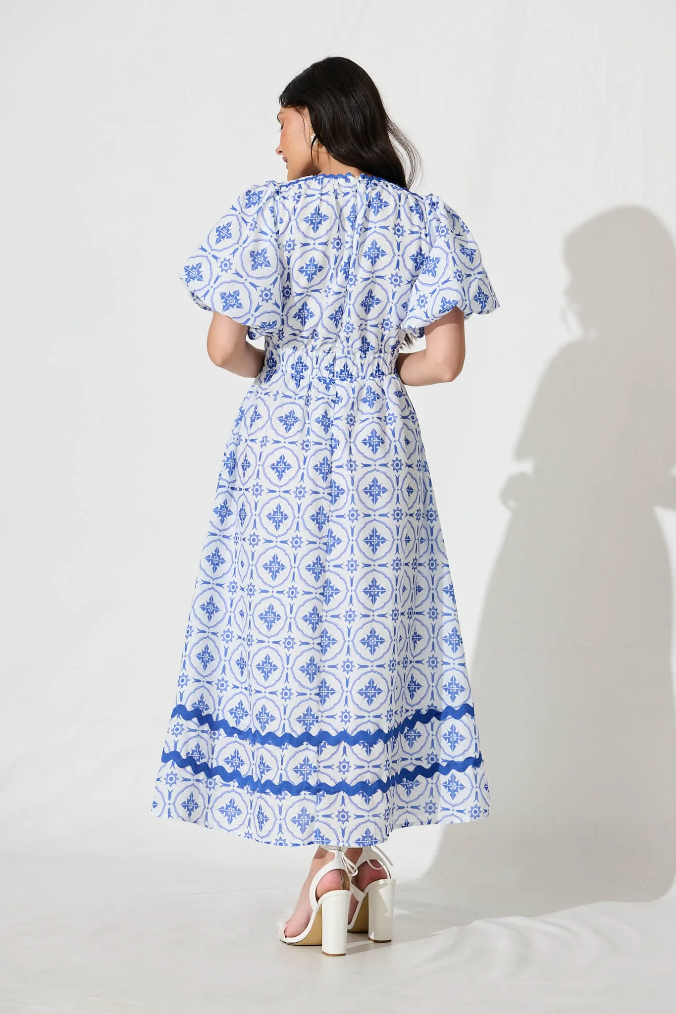 Indi Maxi Dress in White with Blue Tile Linen Blend sold by St Frock product image thumbnail 4