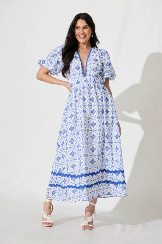 Indi Maxi Dress in White with Blue Tile Linen Blend sold by St Frock