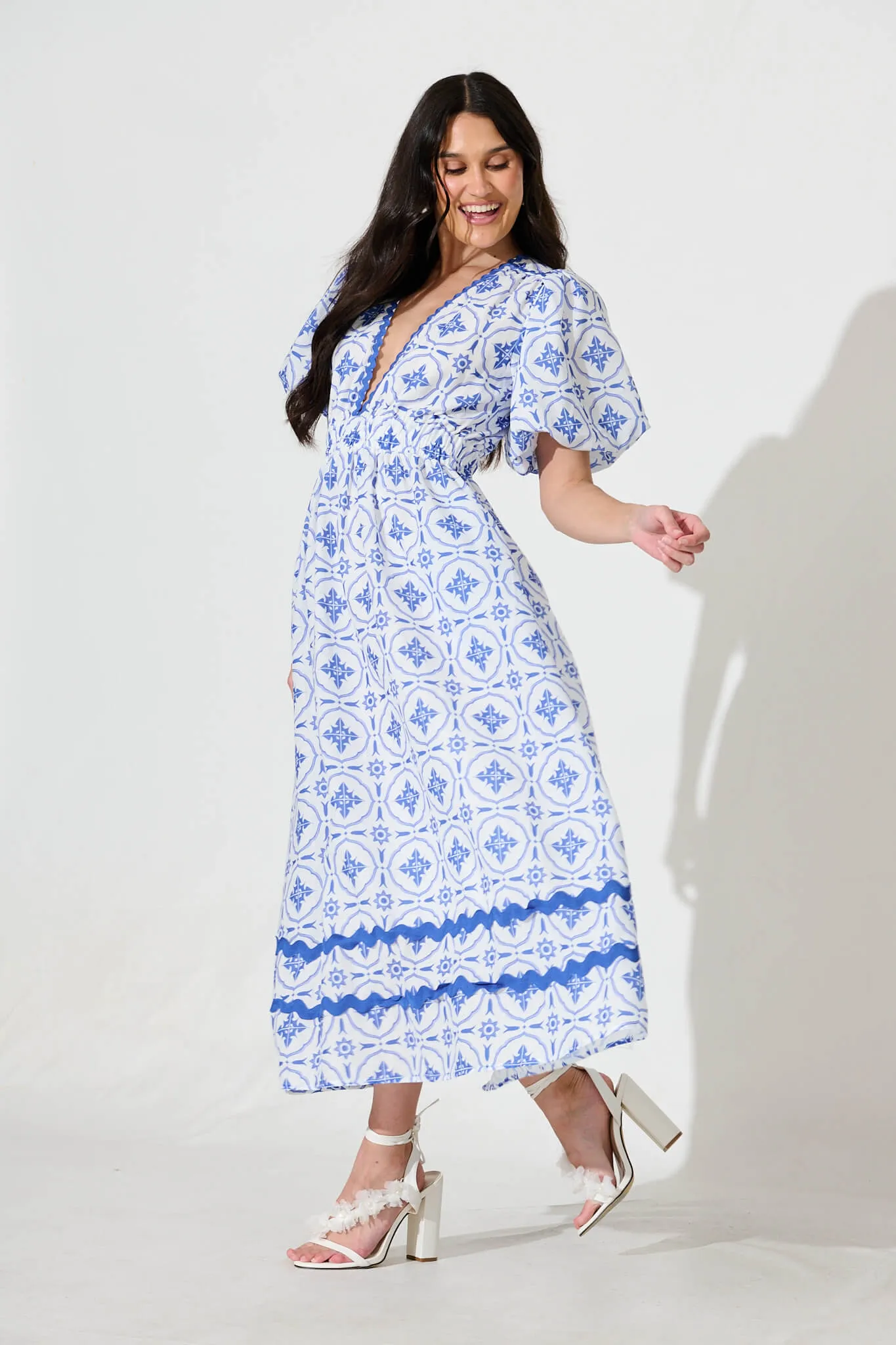 Indi Maxi Dress in White with Blue Tile Linen Blend sold by St Frock product image thumbnail 3