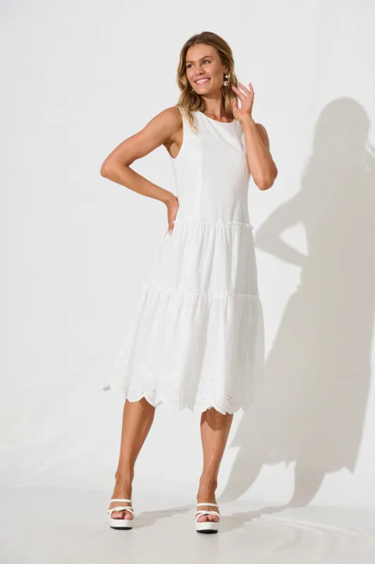 Ashmore Midi Dress in White Cotton sold by St Frock