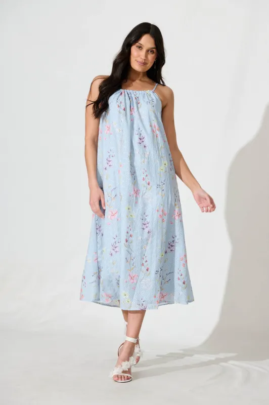 Sunetta Midi Sundress in Pale Blue Floral Textured Broderie sold by St Frock