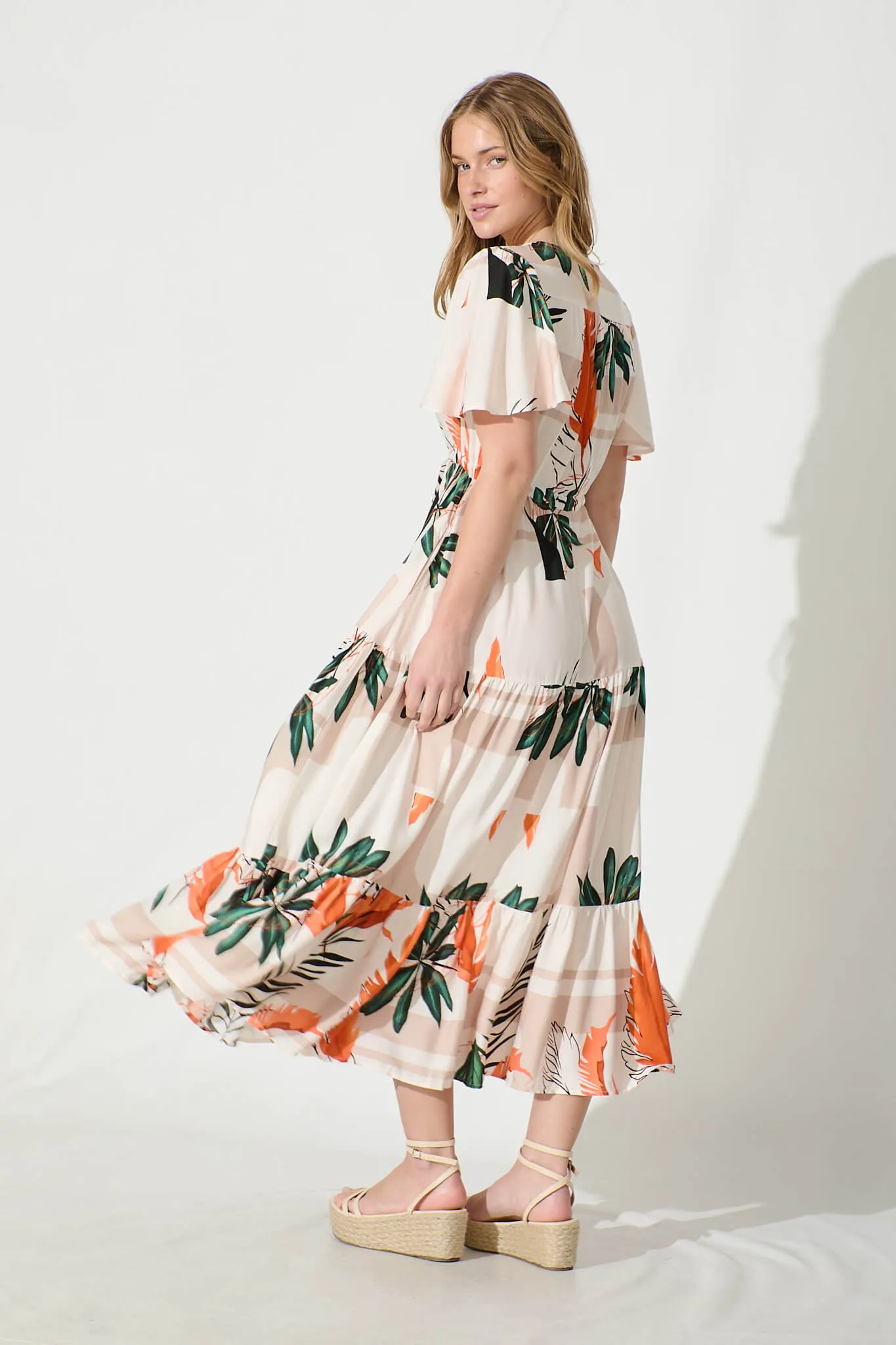 Elina Midi Dress in Cream with Green and Orange Leaf sold by St Frock product image thumbnail 4