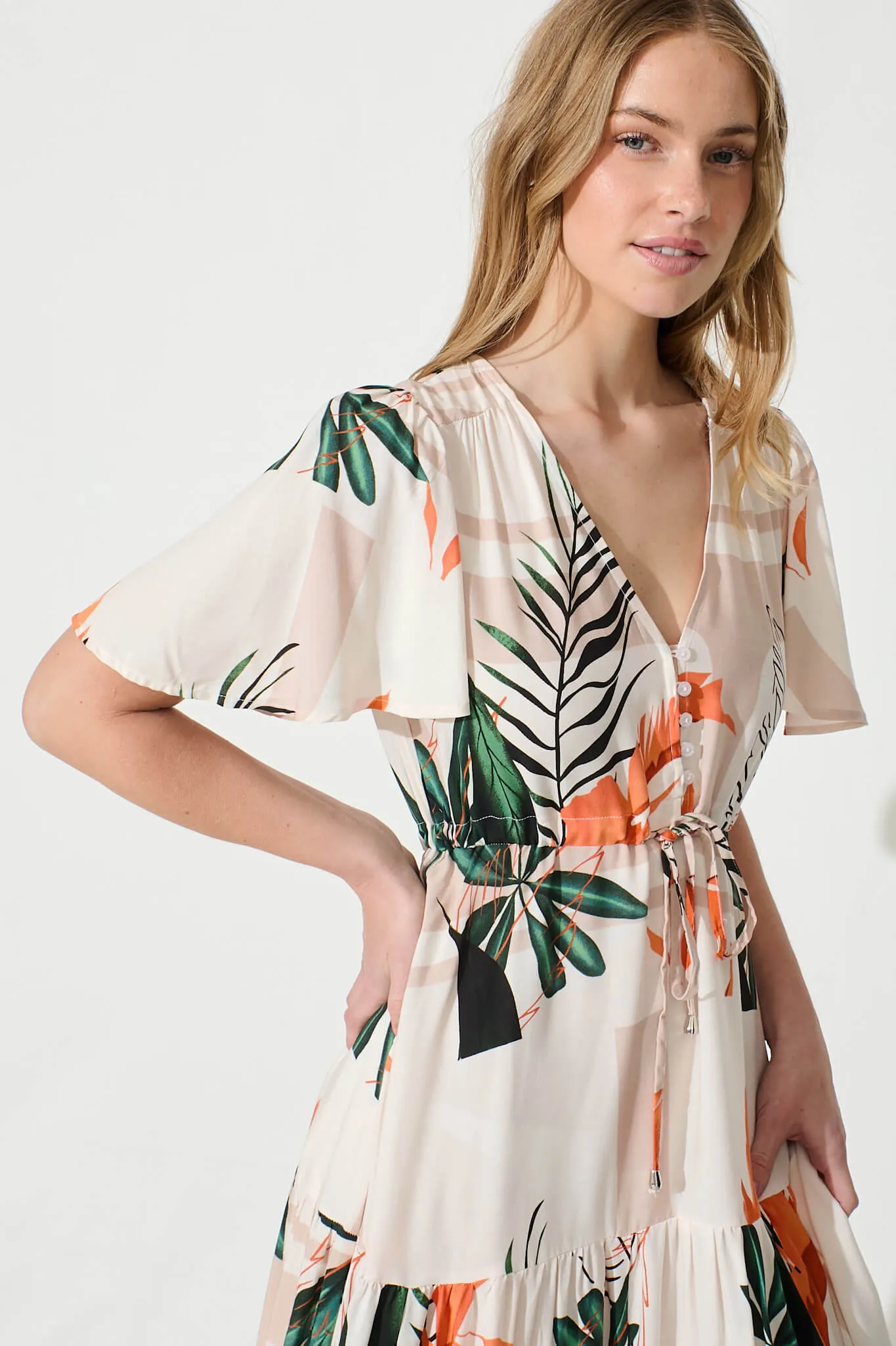 Elina Midi Dress in Cream with Green and Orange Leaf sold by St Frock product image thumbnail 5