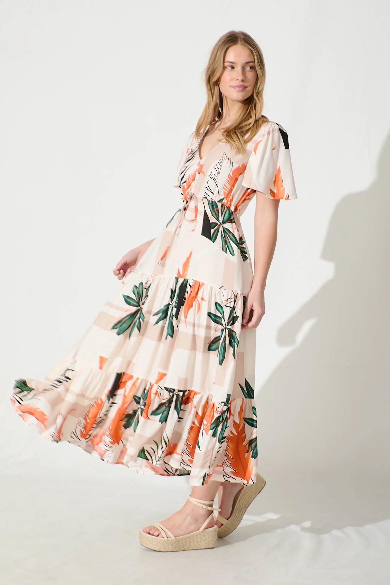 Elina Midi Dress in Cream with Green and Orange Leaf sold by St Frock product image thumbnail 3
