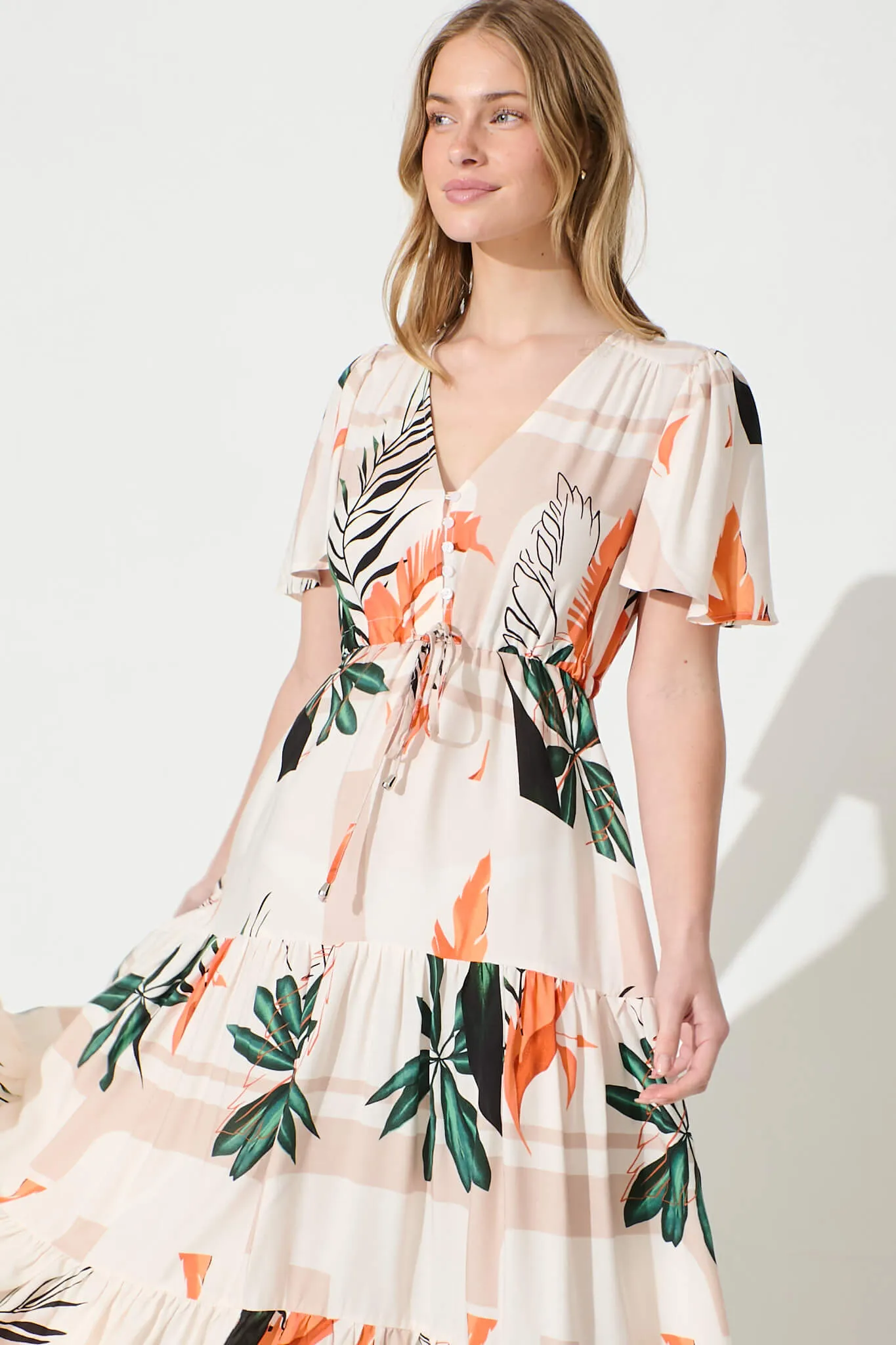 Elina Midi Dress in Cream with Green and Orange Leaf sold by St Frock product image thumbnail 2
