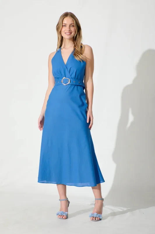 Evangeline Midi Dress in Blue Cotton sold by St Frock