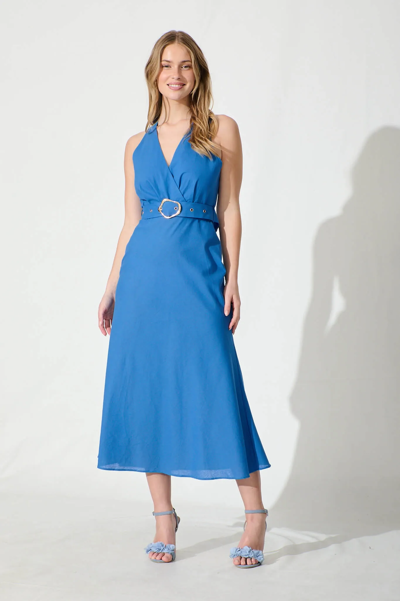 Evangeline Midi Dress in Blue Cotton sold by St Frock