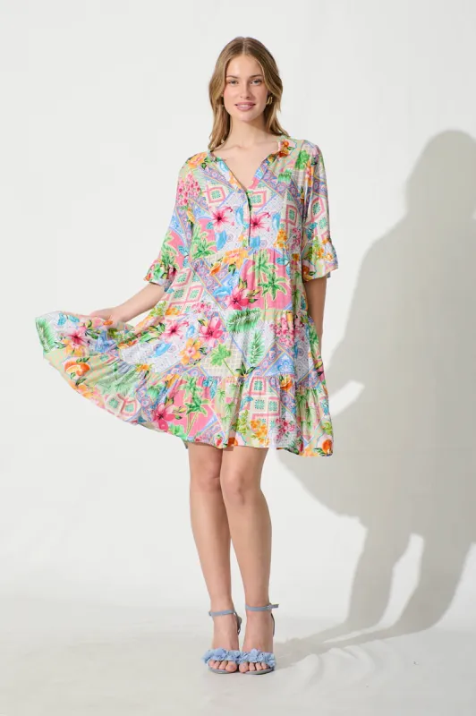 Aleister Smock Dress in Bright Multi Patchwork Floral sold by St Frock